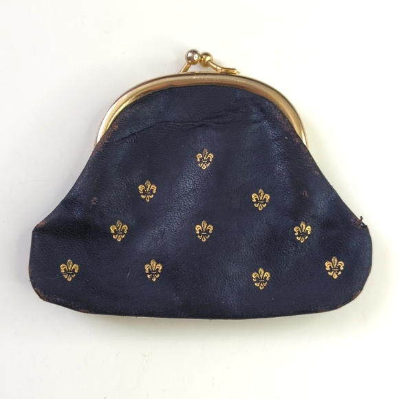 80's Vintage Fleur-De-Lis Embossed Leather Coin Pouch Change Purse Navy Gold - Picture 1 of 8